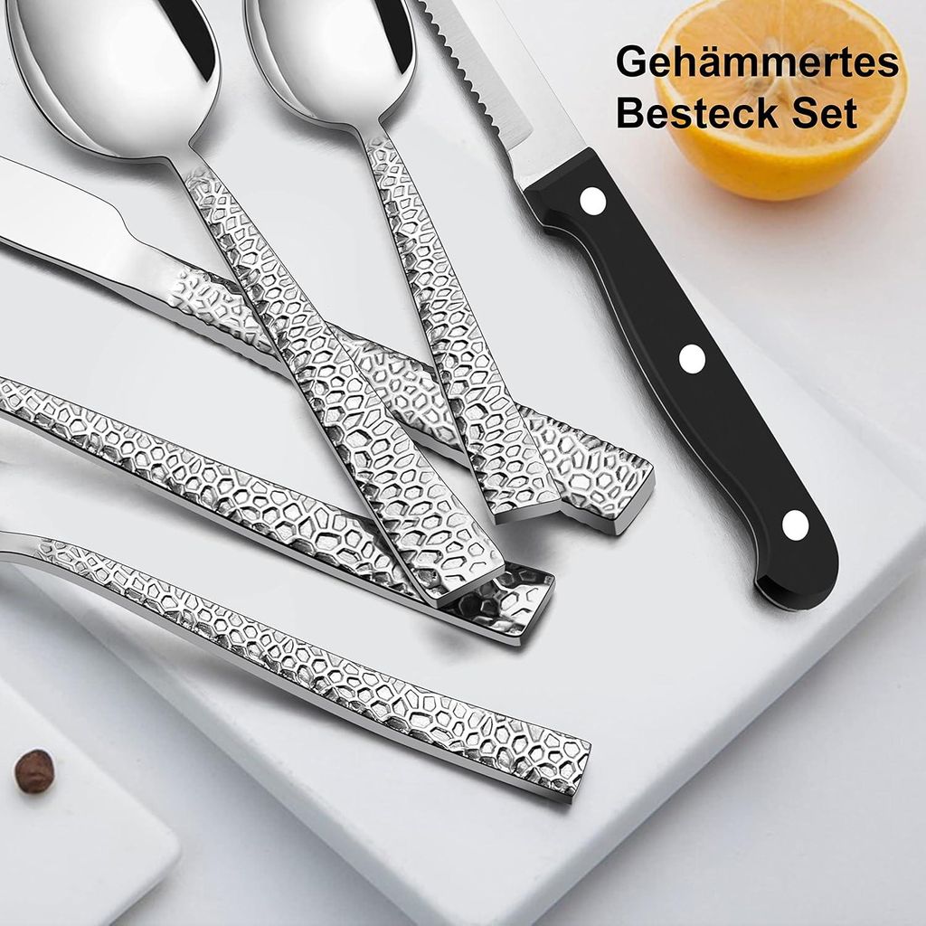 Besteckset für 12 Personen, 72-teiliges Besteckset mit Steakmesser, rostfreier Stahl, poliert, Essbesteck mit Löffel, Messer, Gabel, gehämmertes...