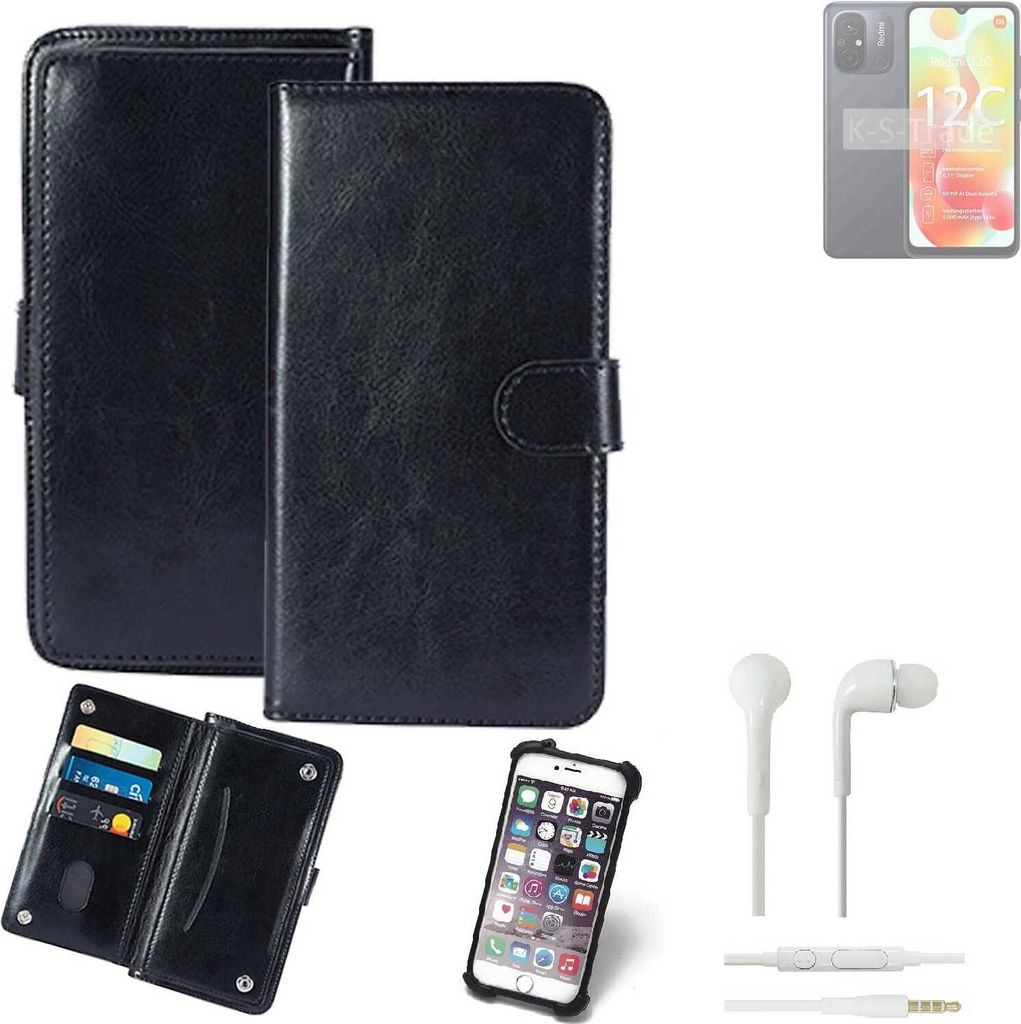 K-S-Trade 360° Hülle kompatibel mit Xiaomi Redmi 12C inkl. Headphones schwarz Kunstleder Case BookCase WalletCase Kunstlederederhülle Handyhülle,