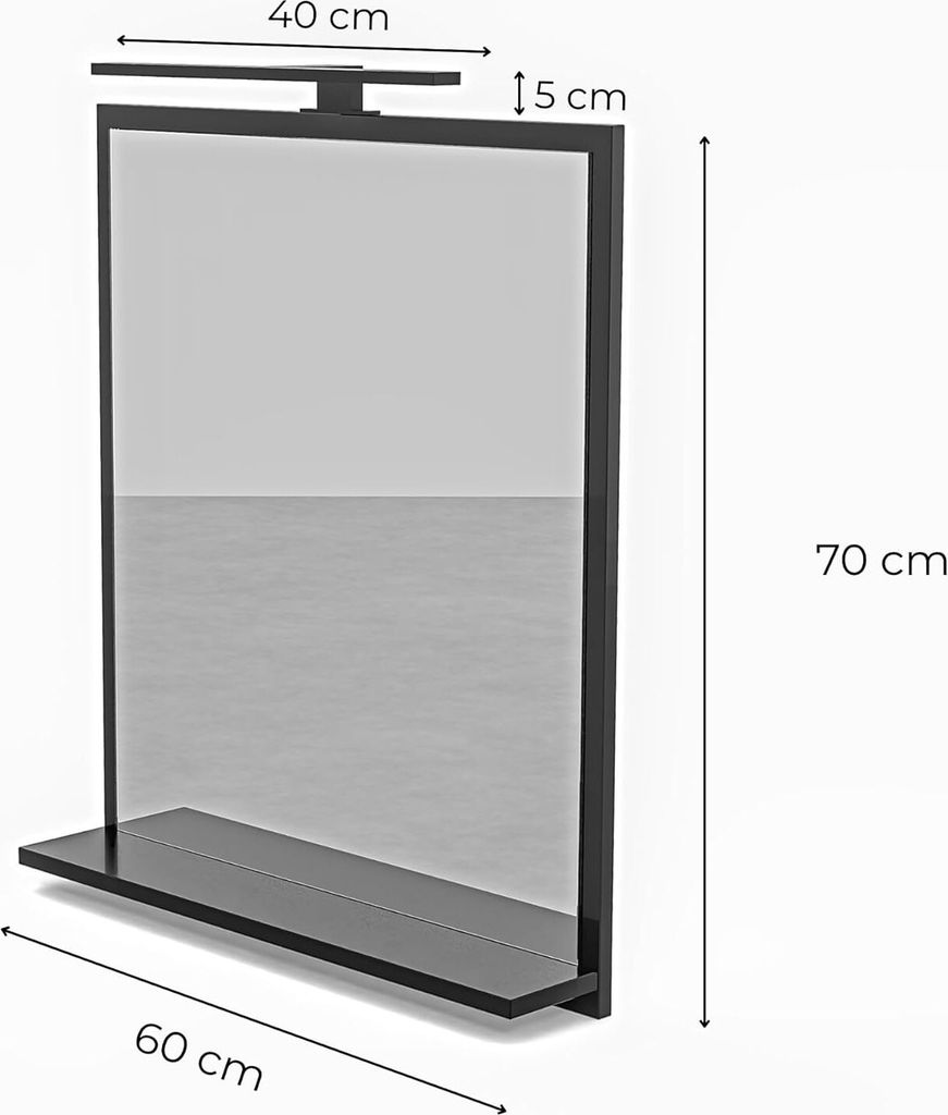 A black rectangular bathroom mirror with a shelf and integrated LED lighting, shown with dimensions indicated.