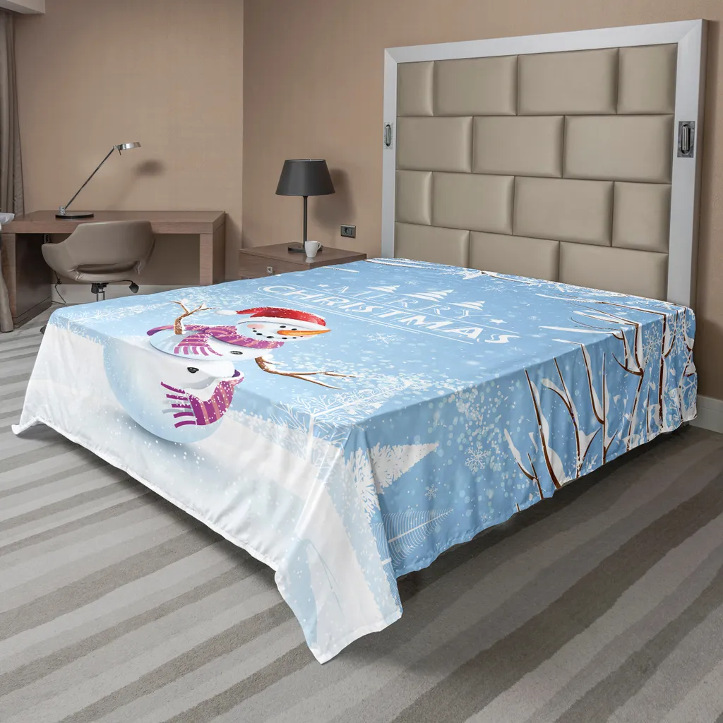 Drap de Noël grand format 275x260 cm motif Hivernal Bleu et Blanc Soyeux