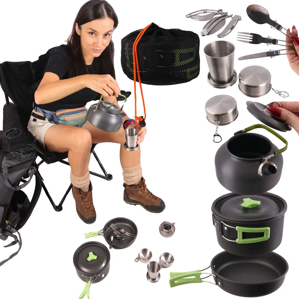 Kit cuisson camping 18 pièces en aluminium léger avec étui de transport