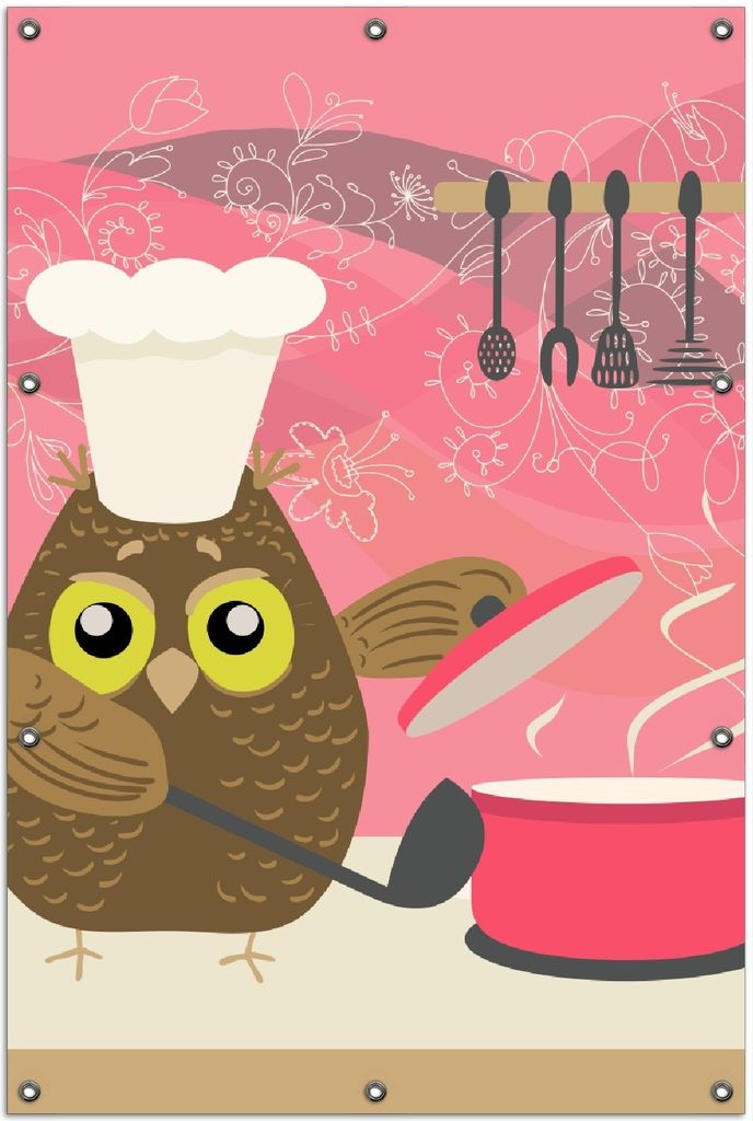 Wallario Outdoor-Poster für Garten oder Balkon, Motiv Lustige Eule beim Kochen mit Kochmütze, in ca. 100 x 150 cm