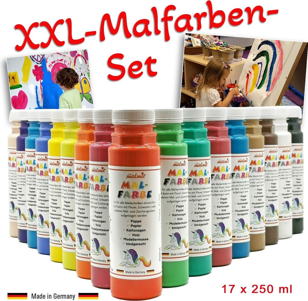 XXL Set 17x 250ml Malfarben Temperafarbe Schulfarben Leinwand Kunst