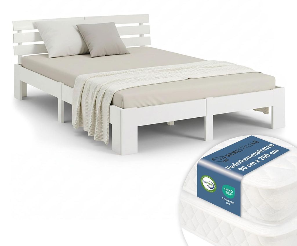 Lit double en bois 180x200 avec 2 matelas à ressorts blanc Image du produit 