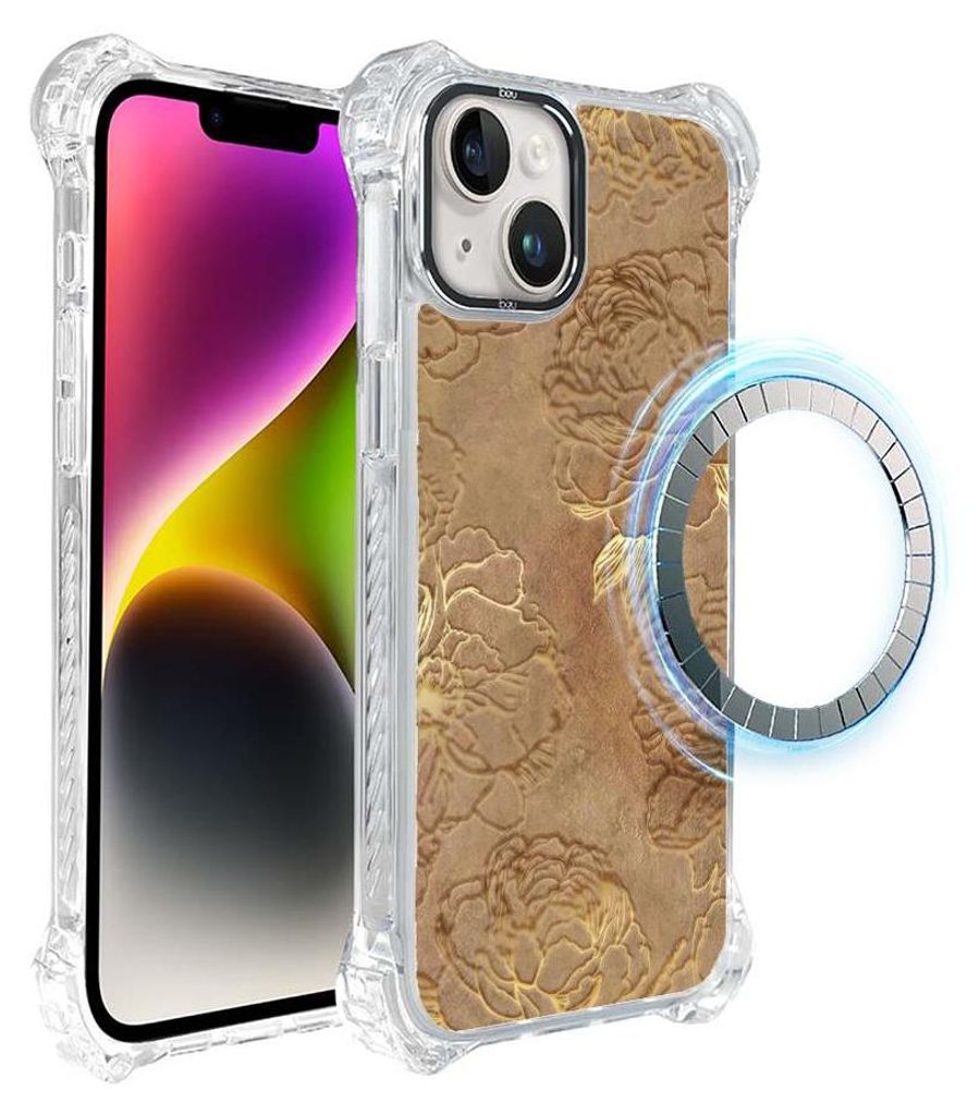 Schutzhülle für das iPhone 14, MagSafe-kompatibel, verstärkte Ecken, transparente Seiten, Goldene Pfingstrosen
