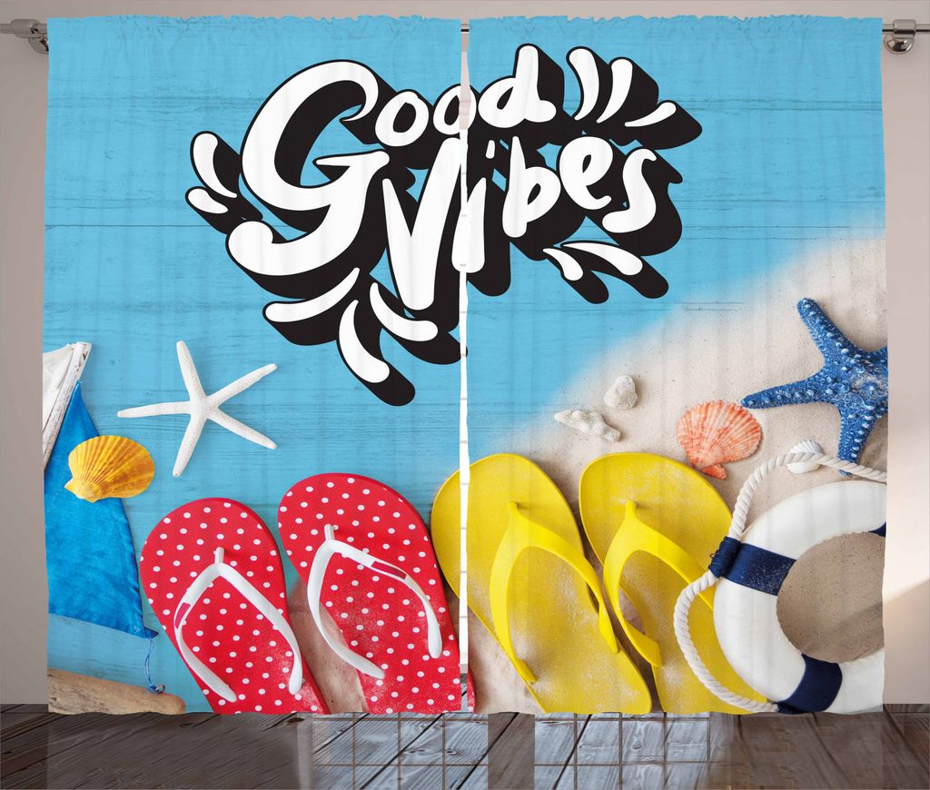ABAKUHAUS Good Vibes Rustikaler Gardine, Flip Flops Sommer, Schlafzimmer Kräuselband Vorhang mit Schlaufen und Haken, 280 x 245 cm, Mehrfarbig