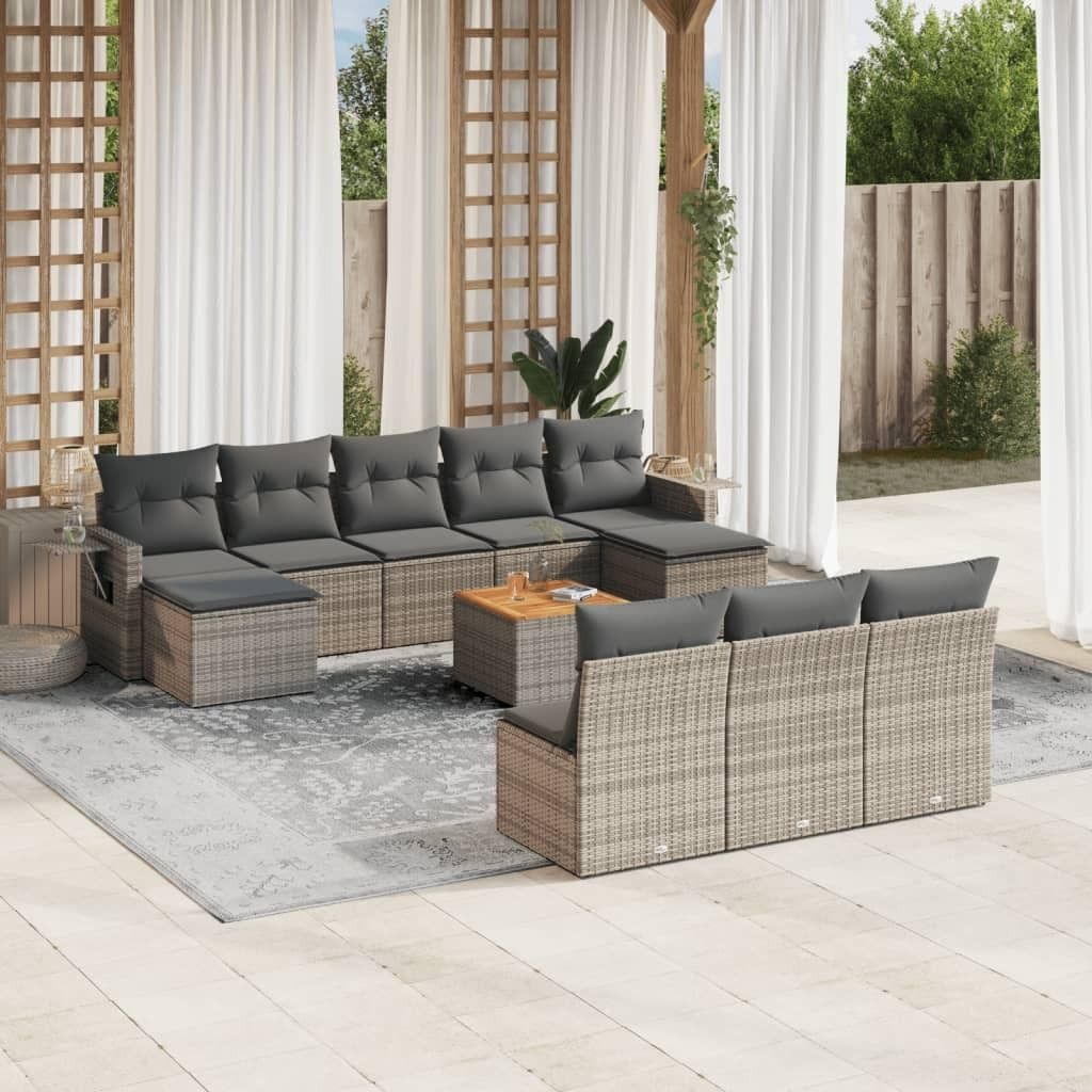 Design 11-tlg. Garten-Sofagarnitur mit Kissen Grau Poly Rattan, Gartensofas 2024 Neu