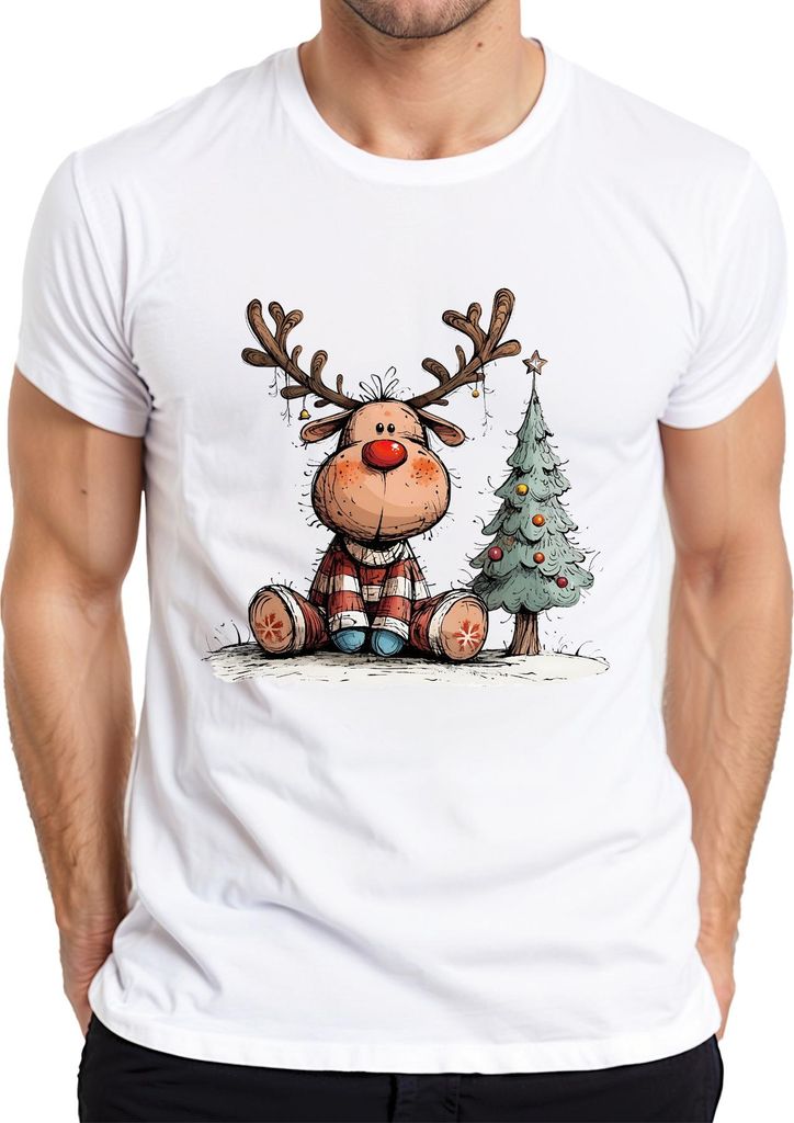 Rudolf Rentier Rote Nase Weihnachten Baum Kinder Geschenk Retro Herren T-Shirt, Weiß, S
