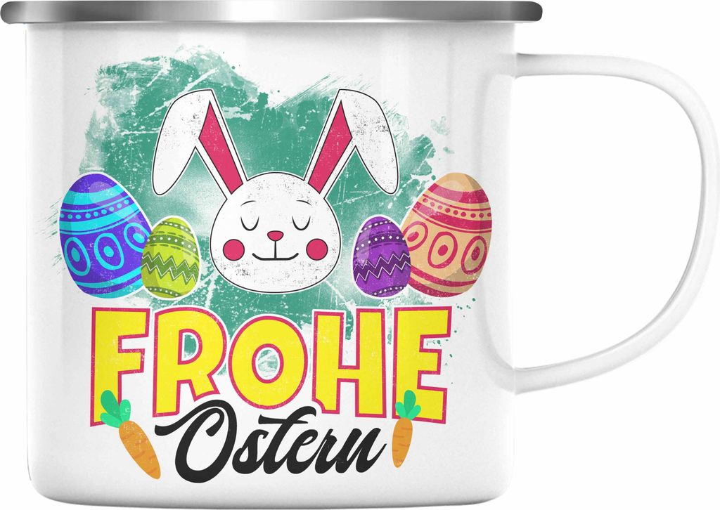 Trendation - Emaille Tasse Ostern Ostergeschenke Kinder Jugendliche Geschenke Lustige Grafik Osterhase Osterei Frohe Ostern (Silber)