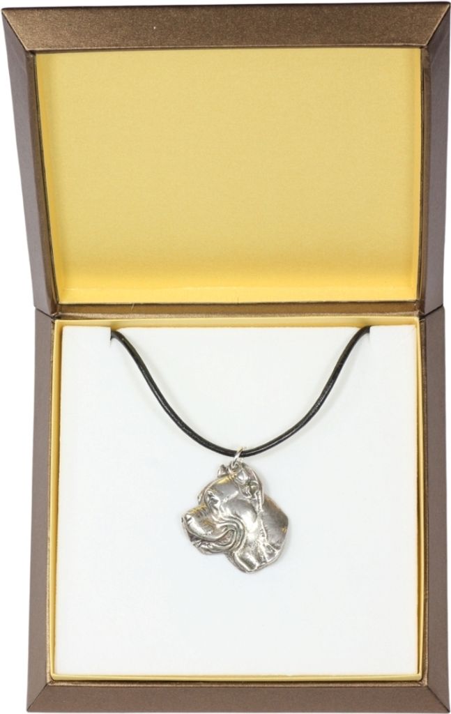Cane Corso, Italienischer Corso-Hund, Cane di Macellaio - Hundehalsband in Geschenkbox, versilbertes Medaillon für Hundefans, markanter Anhänger ...