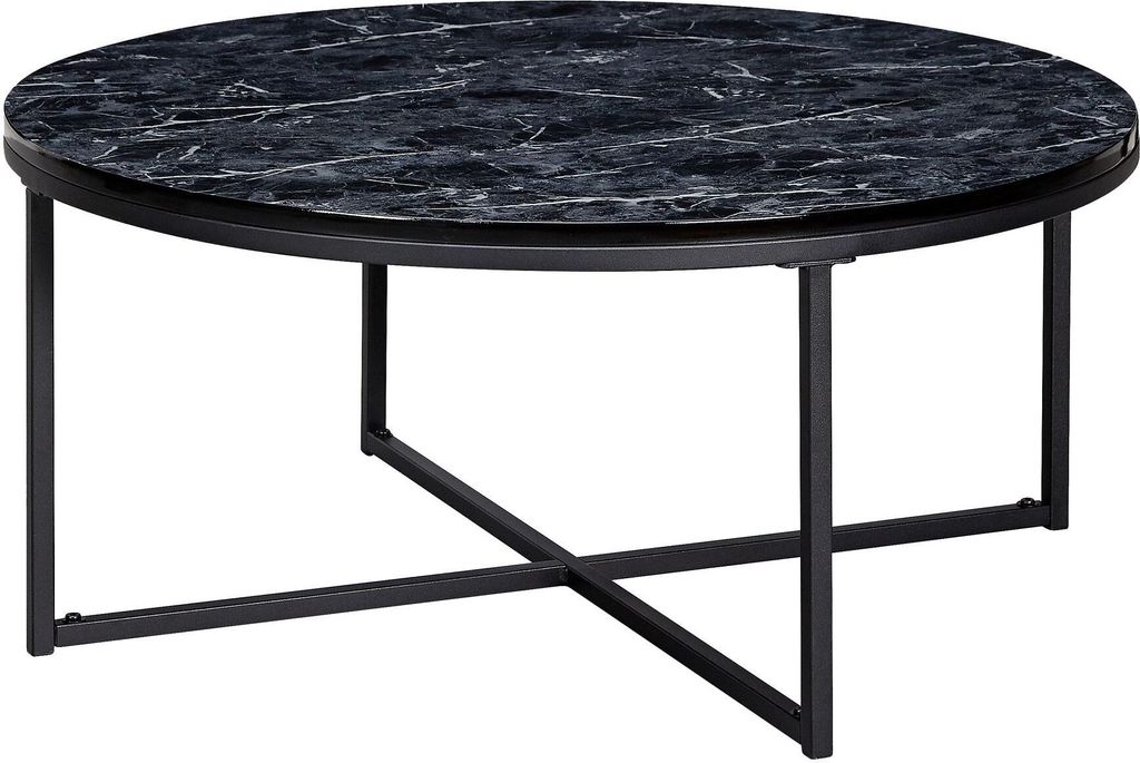tinkaro Couchtisch rund DEVRAN Holz Wohnzimmertisch Schwarz Marmor-Hochglanz-Optik