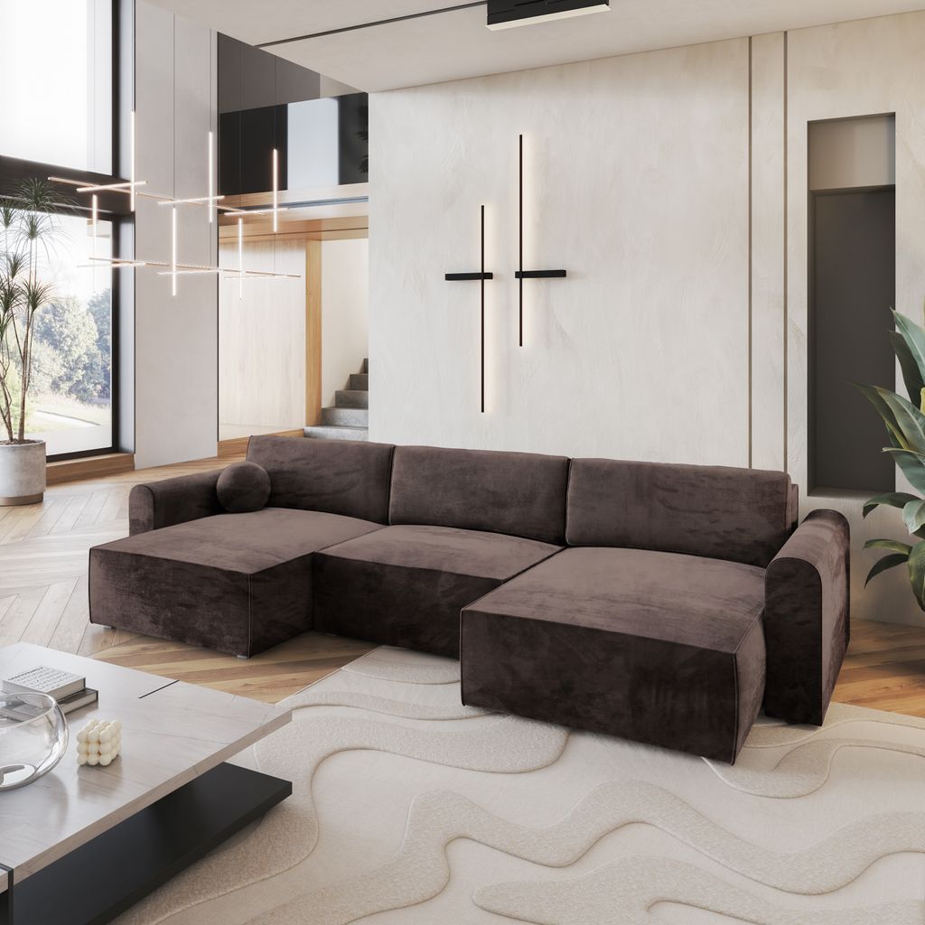 Masseno Ecksofa FENTO M mit Schlaffunktion U-Form, Sofa mit Bettkasten, Wohnzimmersofa, Couch, Soffa, Bettsofa, Couchgarnitur- Braun, MONOLITH 29