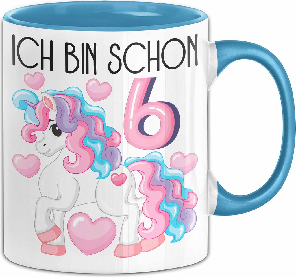 6. Geburtstag Geschenk Tasse Becher Mädchen Tochter Geburtstagsgeschenk Einhorn Ich Bin Schon 6 (Blau)