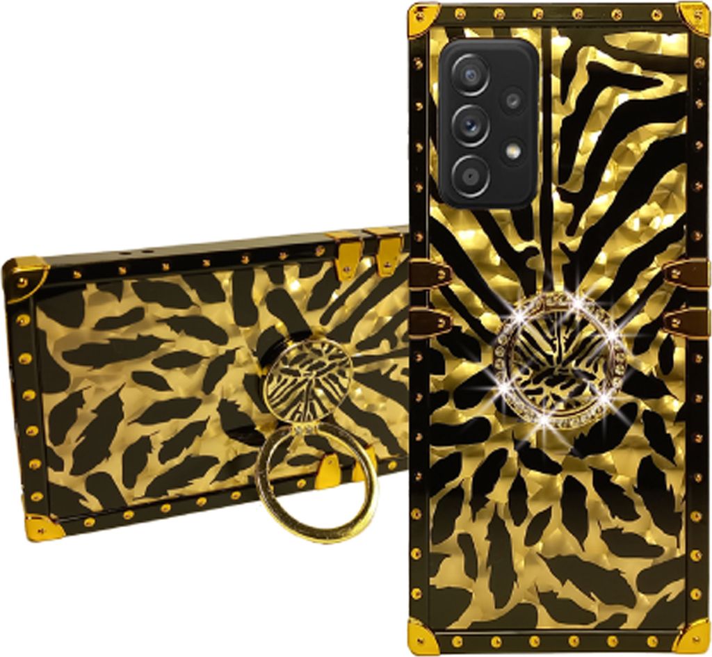 3D FEDER TPU HÜLLE für Samsung Galaxy A52 A52S 5G Handyhülle mit Ring Strass Cover schwarz gold Case