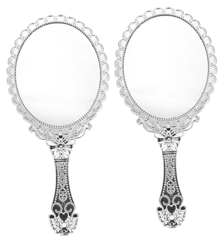 2 Stück Tragbarer Handspiegel mit Gravur, Kleiner Schminkspiegel für Reisen, Kompakter Griffspiegel, Runder Vintage-Make-up-Spiegel, Praktischer ...