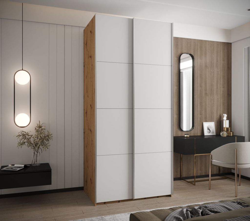 Zweitüriger Kleiderschrank SAMARA 1 - 100 cm, Eiche handwerklich / weiß / silber