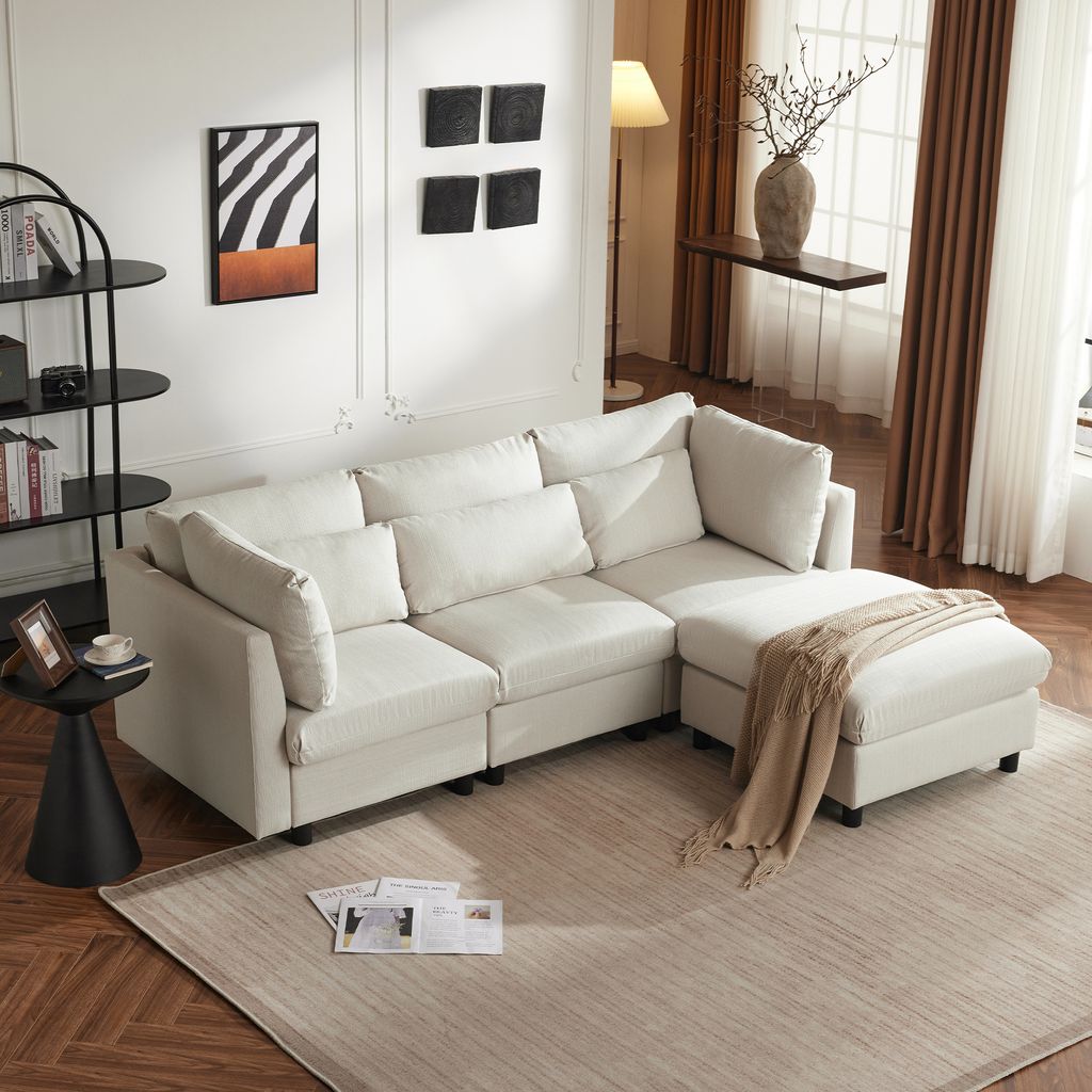 Ecksofa mit Hocker, Zier- und Armlehnenkissen, L-Form, Leinen, Wohnzimmersofa