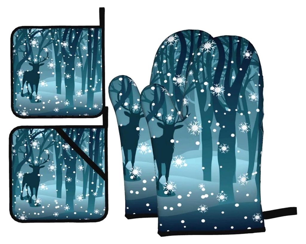 Ofenhandschuhe und Topflappen-Set, Winter-Hirsch-Schneeflocken-Nachtmuster, 4-teilig, für Backen und Grillen