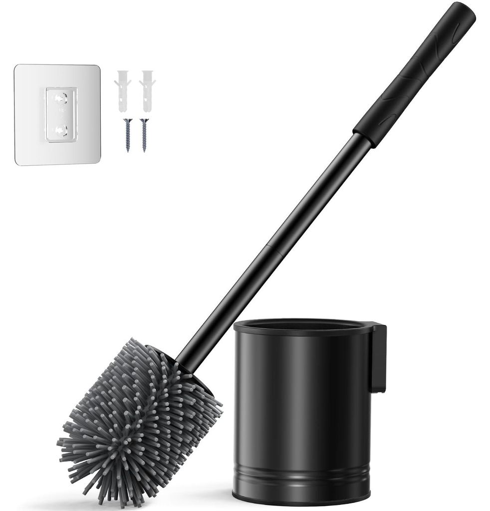 WC-Bürste aus Silikon und Edelstahl – Schwarze, wandmontierte WC-Bürste – leicht zu reinigen ohne Bohren – Langlebige und rostfreie Edelsta...