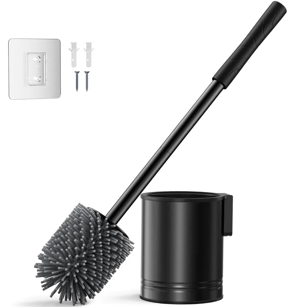 Brosse de toilettes en silicone et acier noir avec fixation murale inox