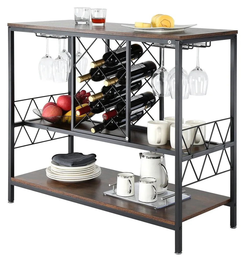 Meuble-bar industriel 102 cm avec porte-verres et casier à vin rustique