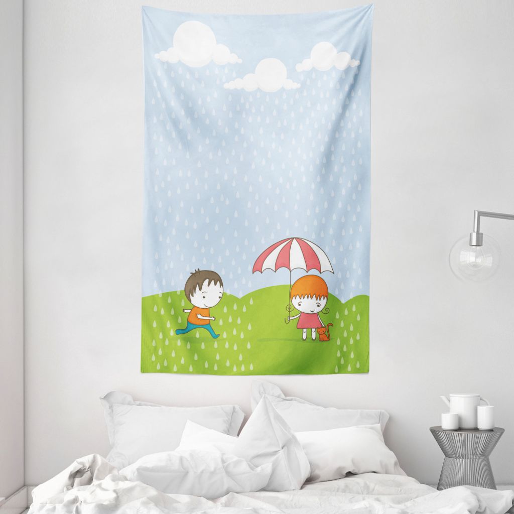 ABAKUHAUS Wolke Wandteppich und Tagesdecke, Junge und Mädchen im Regen aus Weiches Mikrofaser Stoff Waschbar ohne Verblassen Digitaldruck, 140 x 2...