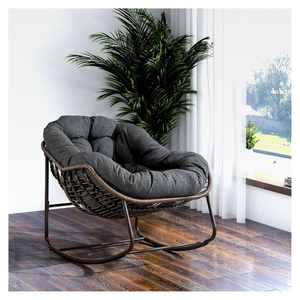 Rattan Schaukelstuhl für den Außenbereich mit gepolstertem Kissen – Bequemer Relaxstuhl für Terrasse, Garten, Balkon, Veranda und Wohnzimmer ...