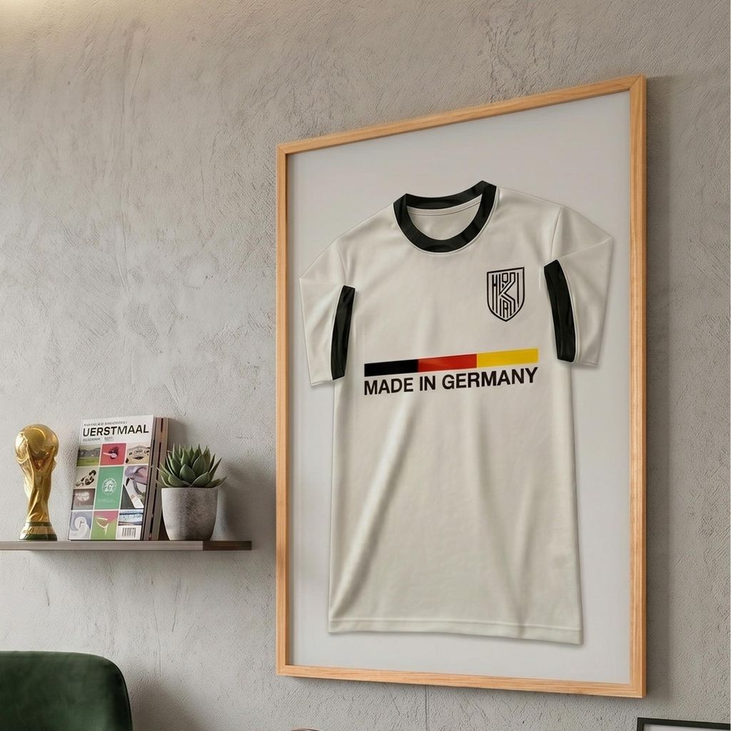 K-Möbel Echtholz Trikot Rahmen 70x90 cm Braun - Germany - Trikotvitrine mit weißem Hintergrund und breitem Rahmen - Bilderrahmen für Trikot - B...