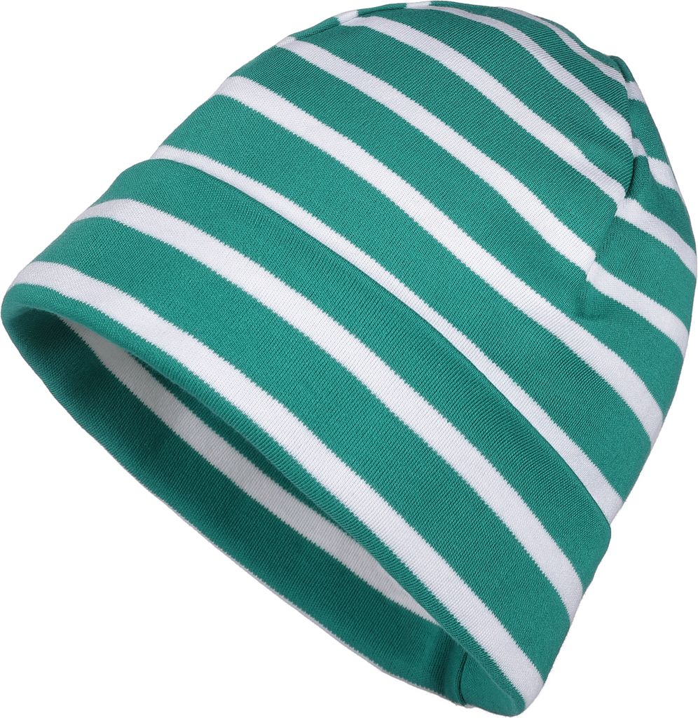 modAS Mütze Maritime Rollmütze Uni für Kinder und Erwachsene – Ringelmütze Baumwollmütze mit Streifen in Smaragd / Weiß bis 58 cm Kopfumfang
