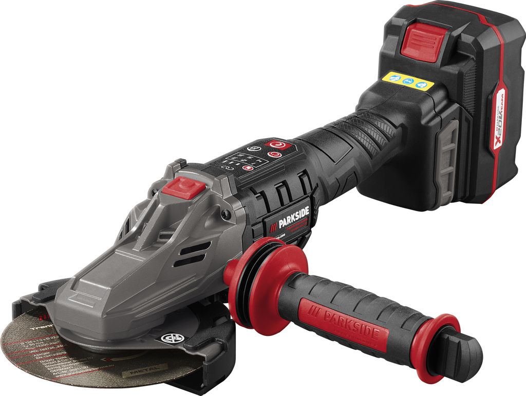 A cordless angle grinder with a battery pack and charger, shown against a white background.