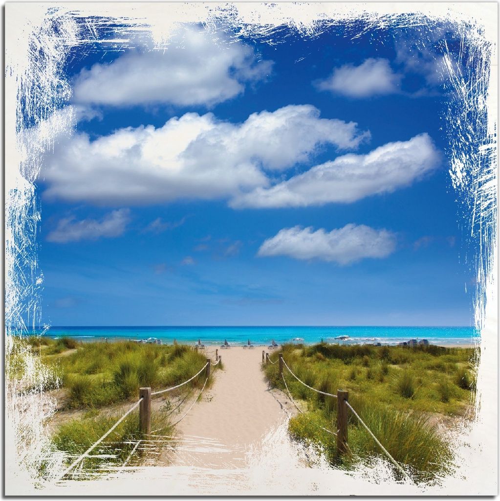 Kunstdrucke Wandbilder Holz in : Brillante Farben, Größe 50 x 50 cm Motiv Sandweg zum blauen Meer mit blauem Himmel