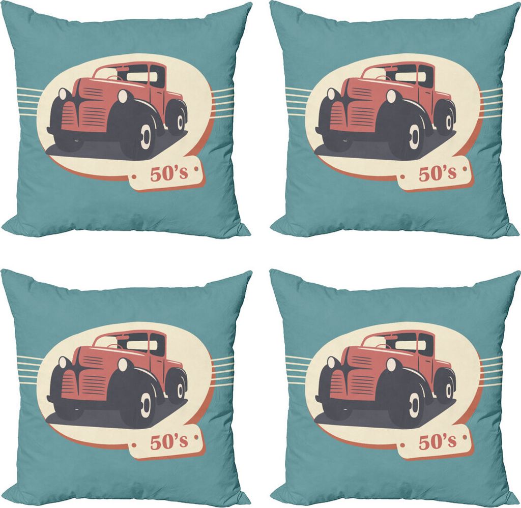 ABAKUHAUS Retro Kissenbezug Set (4 Stück), Nostalgische Antik Fahrzeug, Moderner Doppelseitiger Digitaldruck, 60 cm x 60 cm, Rot, Gelb, Teal