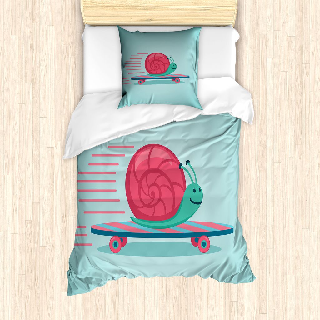 ABAKUHAUS Schnecke Bettbezug Set für Einzelbetten, Hip Tier auf einem Skateboard, Milbensicher Allergiker geeignet mit Kissenbezug, 135 cm x 200 c...