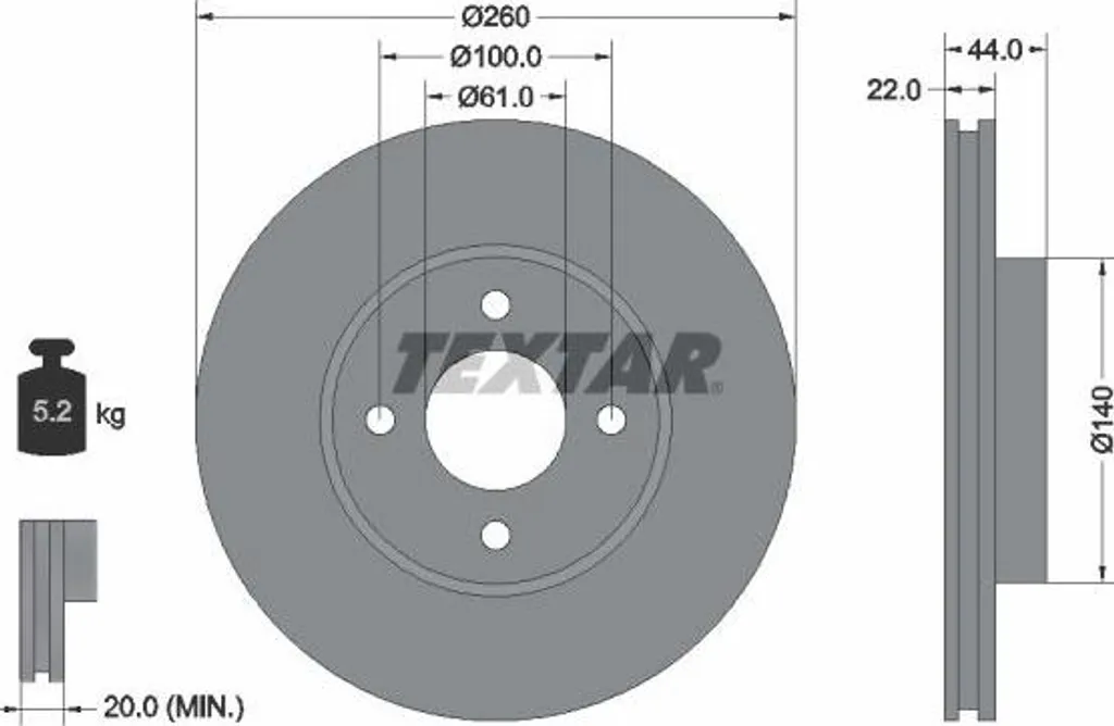 Disque de frein Textar 92239903 OE 402061HA0A pour Nissan Note et Micra