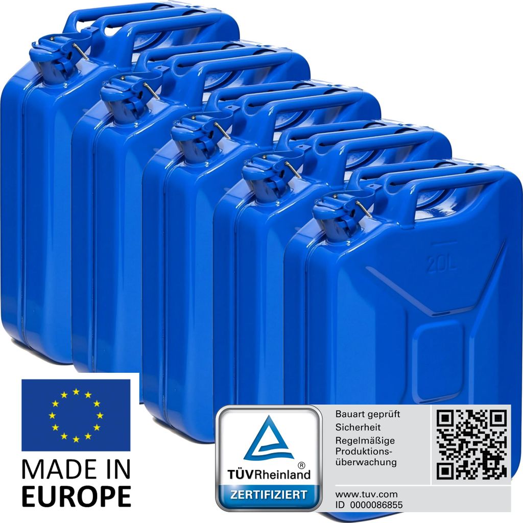 BW Kraftstoffkanister Metall Benzinkanister 5x 20 Liter - Blau RAL 5005 - UN-Zulassung - Hergestellt in Europa