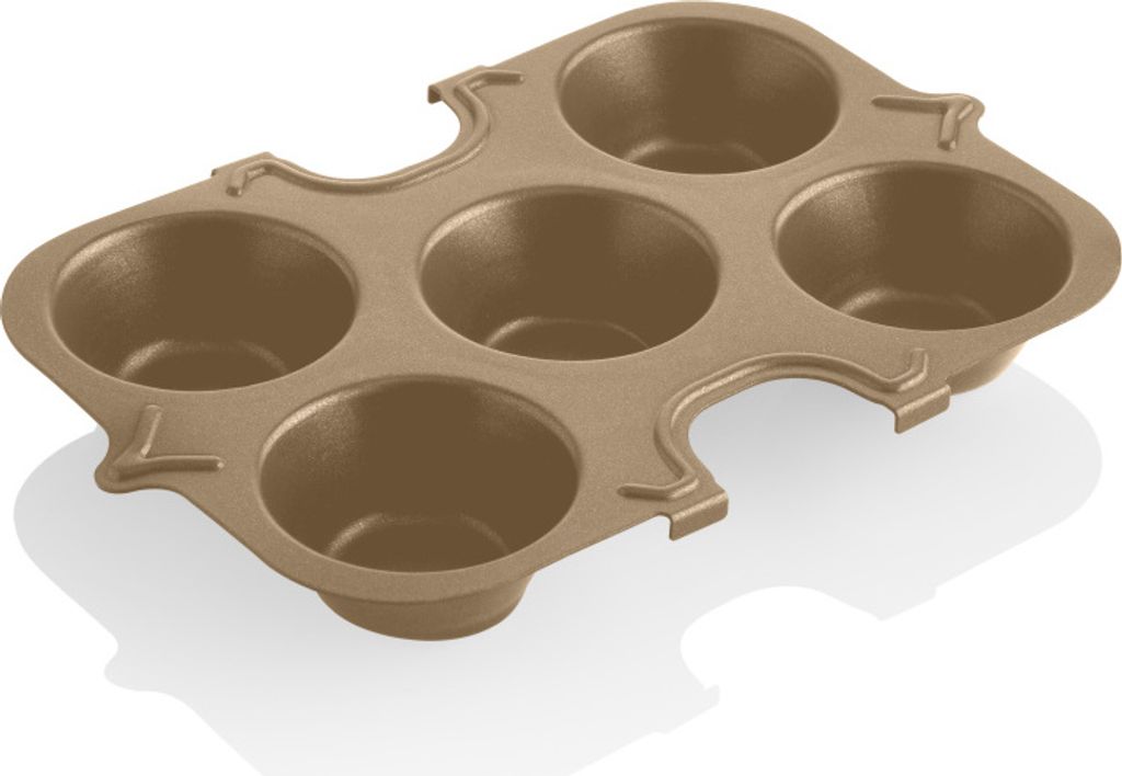 A gold-colored muffin tin with six cups is shown from a slightly elevated angle against a white background.