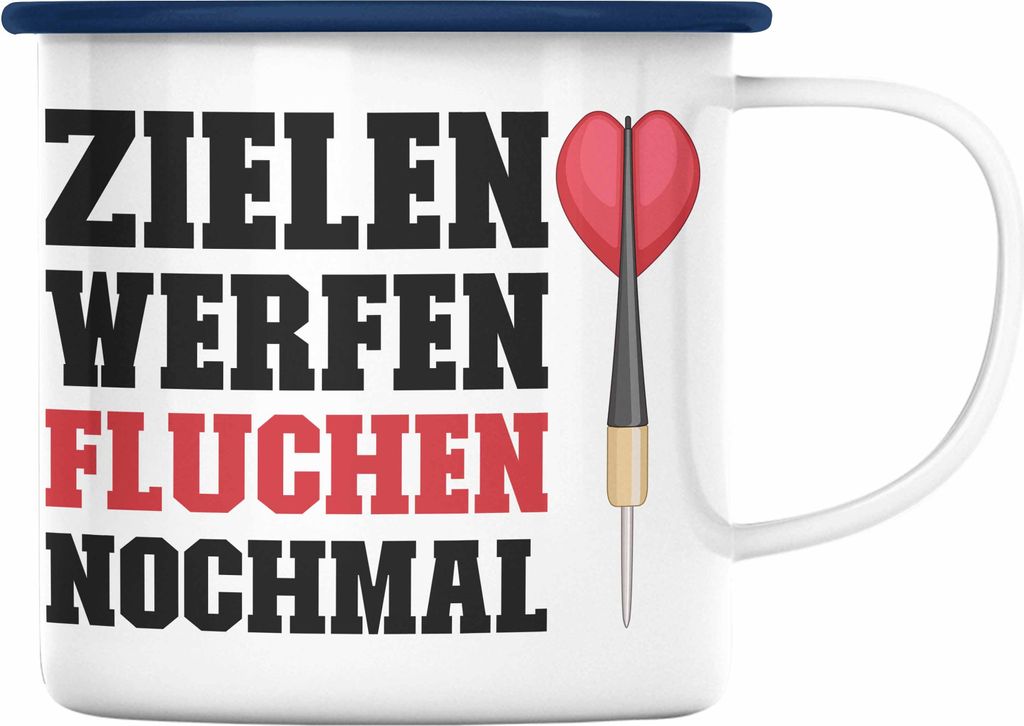 Trendation - Dart Emaille Tasse Dartpfeil Zielen Werfen Fluchen Nochmal Spruch Männer Dart-Spieler Geschenkidee (Blau)