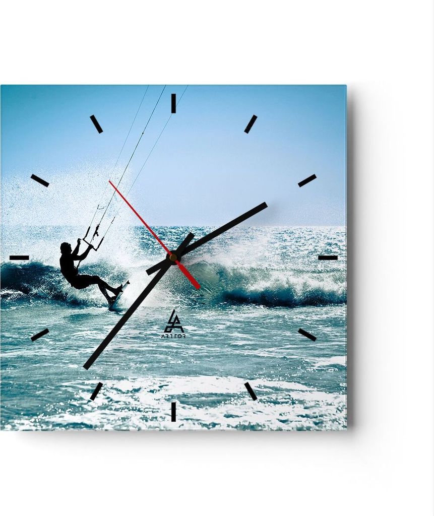 Wanduhr - Quadrat - Glasuhr - Drachen-Surfen Wasser Ozean - 40x40cm - Schleichendes Uhrwerk - Lautlos - zum Aufhängen bereit - Dekoration Modern -...