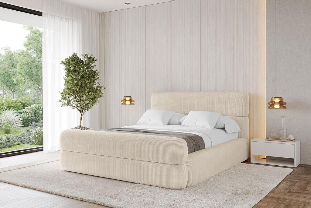 ALTDECOR Polsterbett mit Bettkasten - ENORA-Z - 180x200 Beige - Bett mit Matratze H3/H4, Kopfteil und Fußteil, Boxbett, Doppelbett mit Stauraum