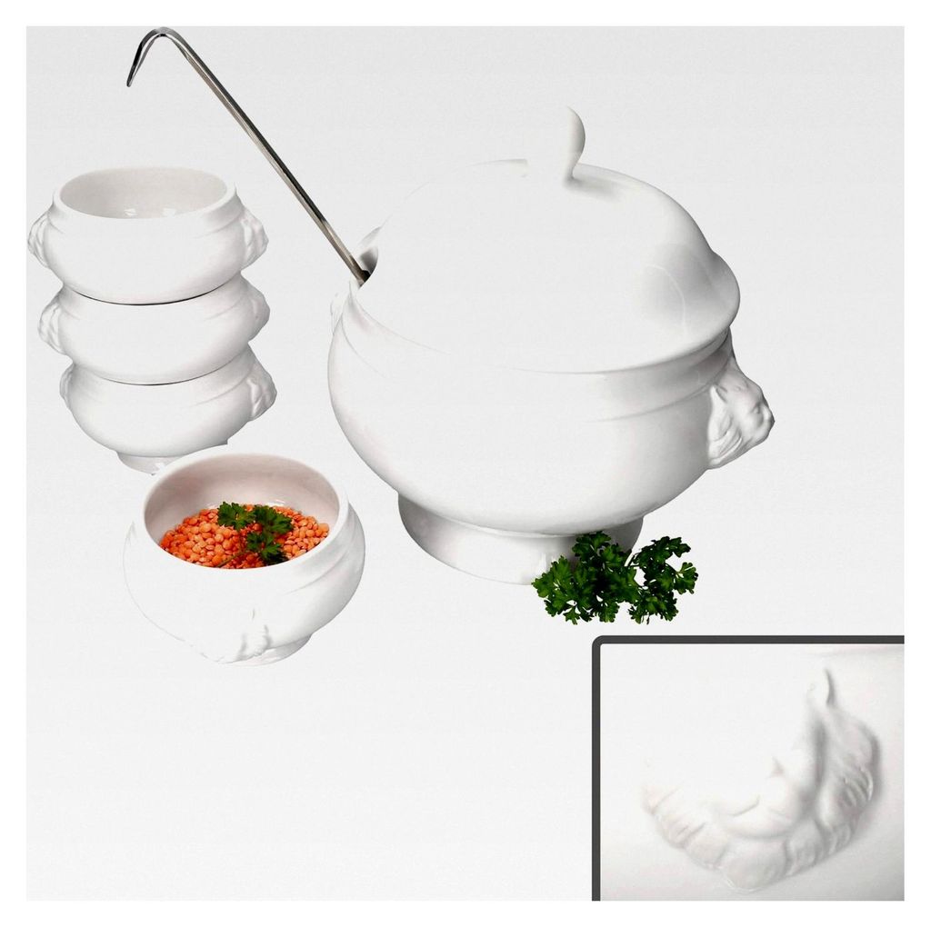 5-teiliges Set LEO Löwenkopf-Terrinen mit und ohne Deckel I 4x 0,25L und 1x 2 Liter I weiße Suppenschüsseln mit Löwenköpfen für Suppen und Ei...