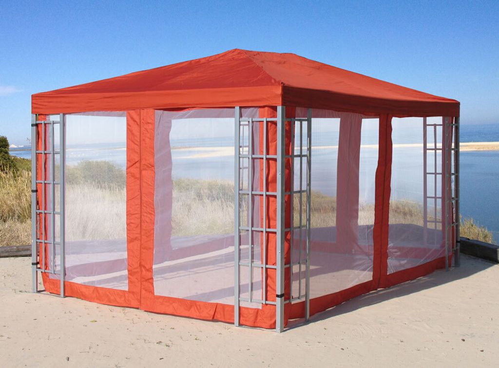 Rank Pavillon Set 3x4m Metall Garten Partyzelt Terra / Rotorange RAL 2001 mit 4 Seitenteilen Moskitonetz