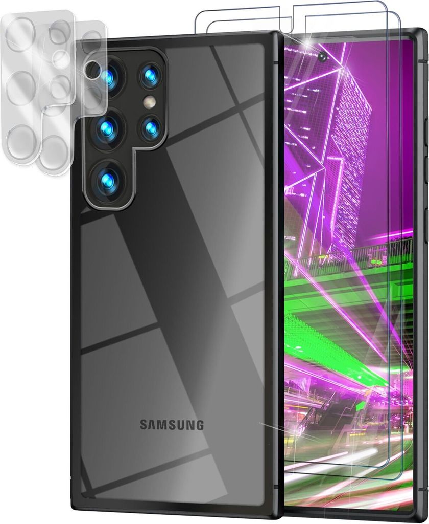 Hybrid Hülle für Samsung Galaxy S23 Ultra, 2x Display- & Kameraschutz, Schwarz