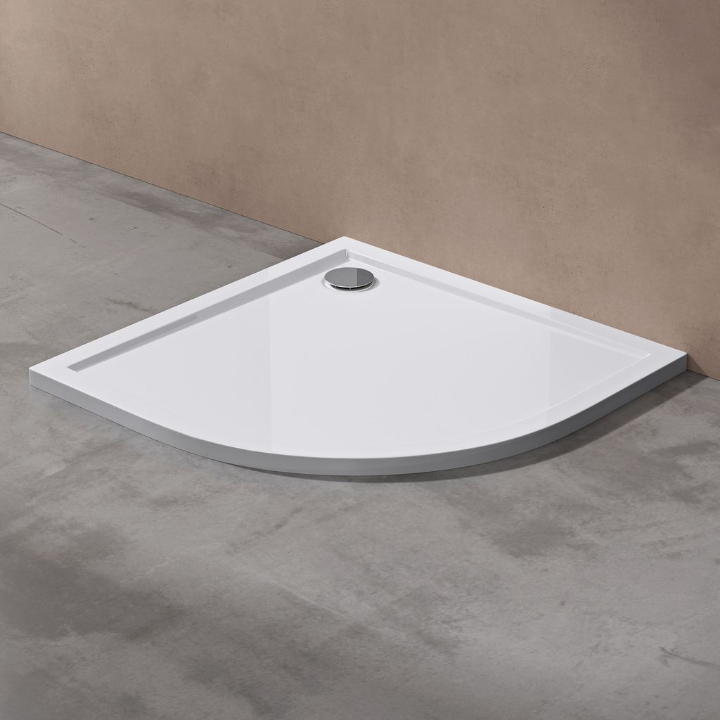 doporro Duschtasse Duschwanne 80x80x4cm flach inkl. Ablaufgarnitur AL01 aus Acryl in Weiß Viertelkreis DIN-Anschlüsse für bodenebene Montage gee...