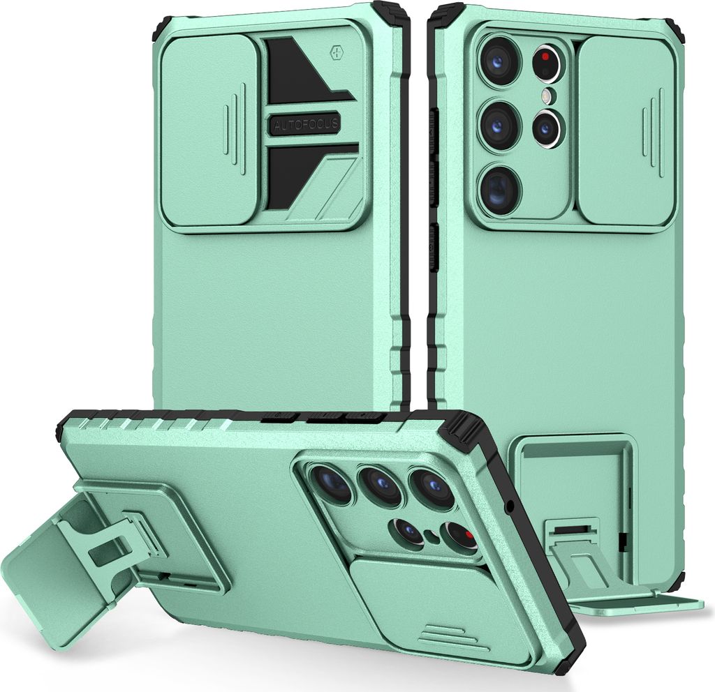 Multiple views of a turquoise smartphone case with a sliding camera cover and kickstand.