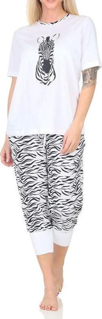 Normann Damen Capri kurzarm Pyjama Schlafanzug mit Tiermotiv - auch in Übergrößen ; weiß , 44