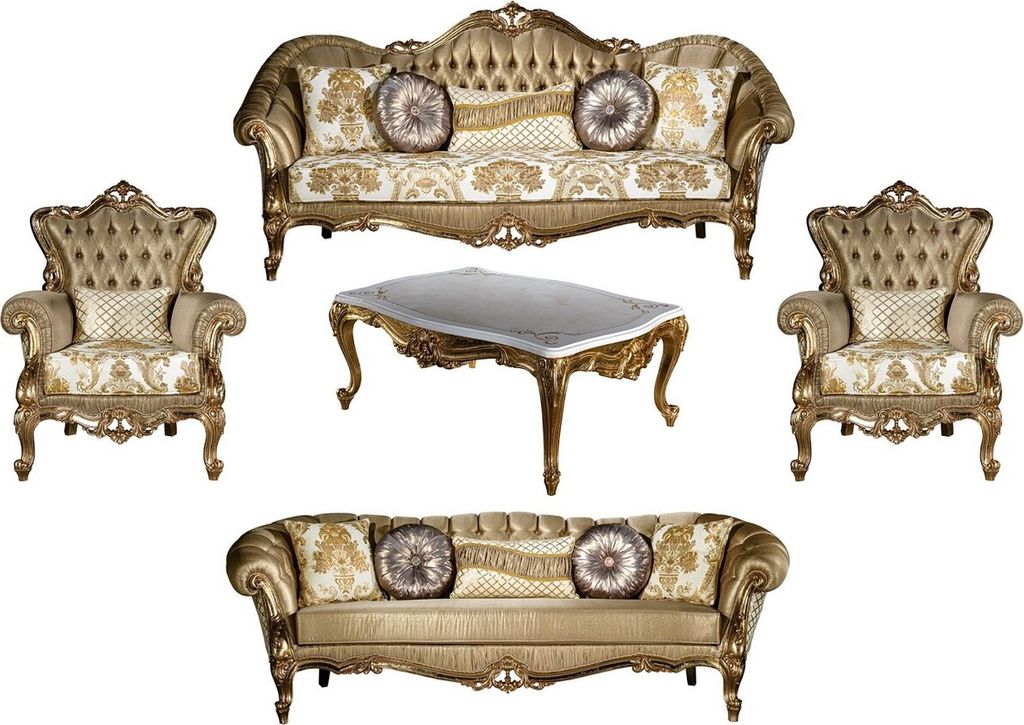 Casa Padrino Luxus Barock Wohnzimmer Set Gold / Weiß - 2 Sofas & 2 Sessel & 1 Couchtisch - Wohnzimmer Möbel im Barockstil - Edel & Prunkvoll