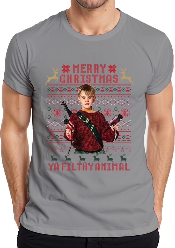 Merry Christmas Ya Filthy Animal Weihnachten Kevin Kult Humor Herren T-Shirt, Grau, XXL