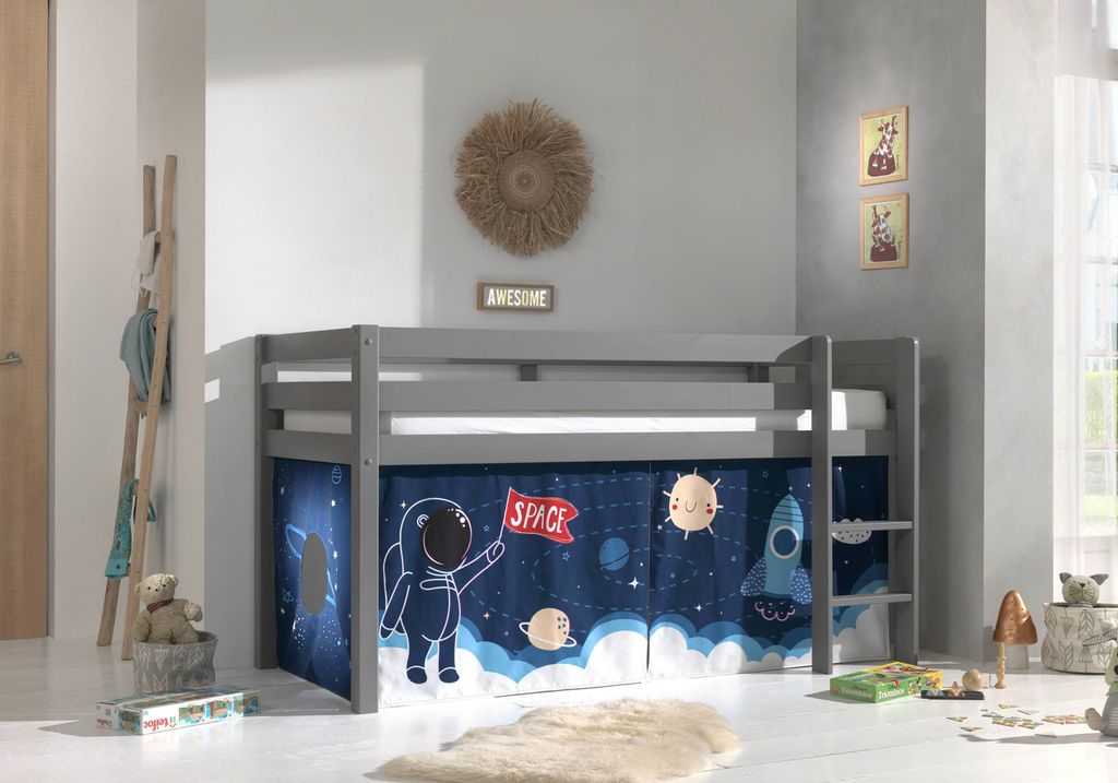 Vipack Halbhohes Bett PINO, mit Textilset "Space Shuttle", Ausf. Kiefer massiv grau lackiert