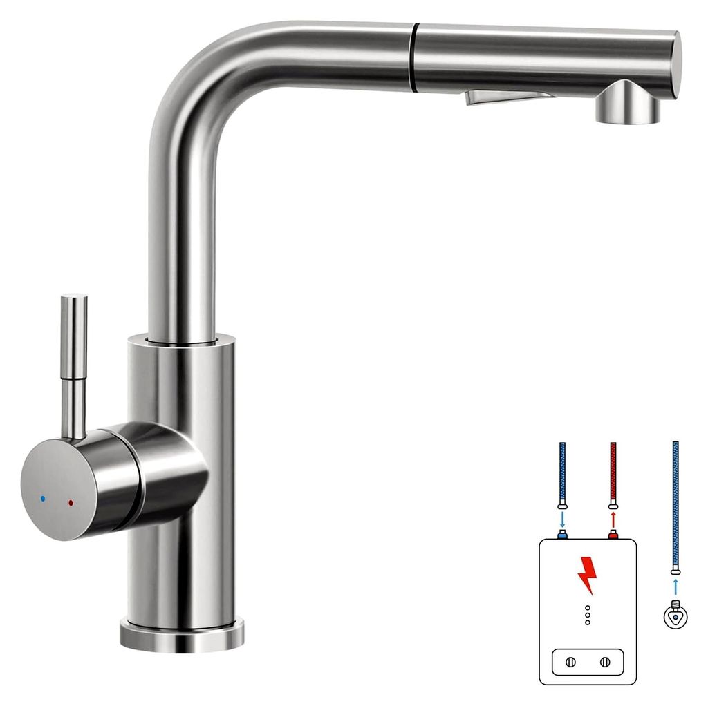 Niederdruck Wasserhahn für die Küche, Küchenarmatur mit ausziehbarer Brause für Boiler oder Untertischgeräte