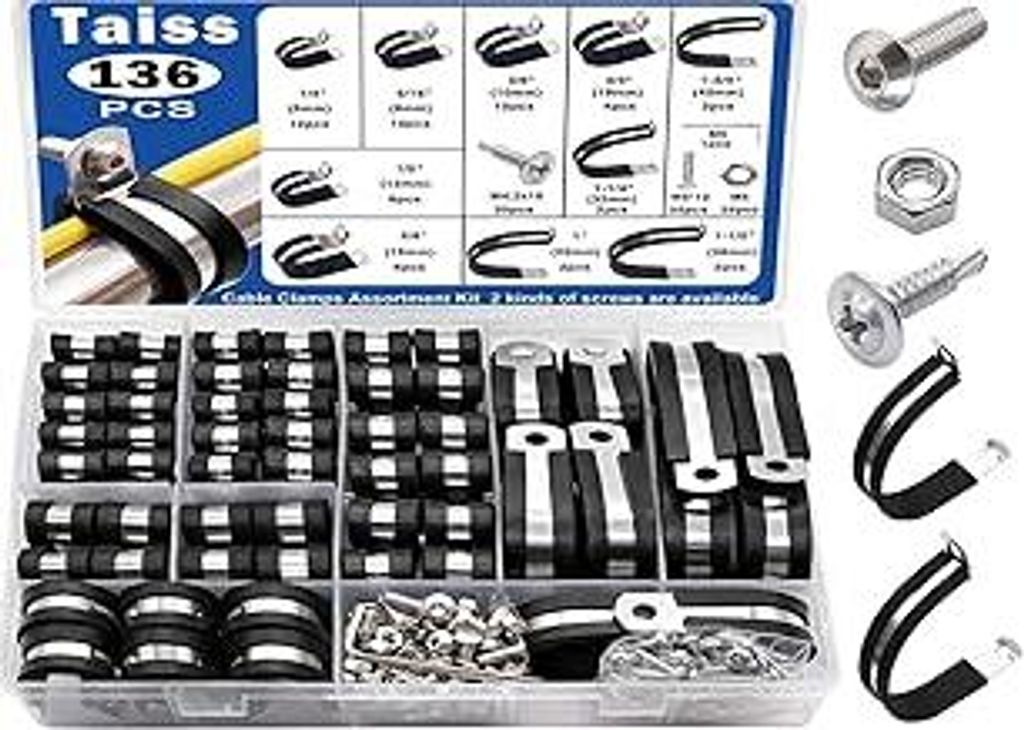 Taiss 136PCS Gummi P Clips Schlauchschellen Kit,10 Größen 304 Edelstahl Rohrschelle mit Gummieinlage 6mm/8mm/10mm/13mm/16mm/19mm/25mm/32mm/38mm/45mm